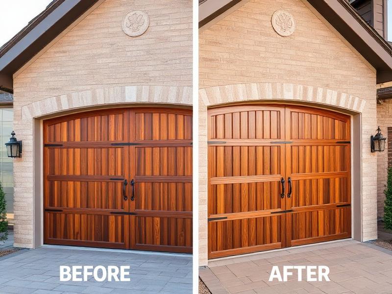 Rustic wood grain textured garage door with iron strap hinges installation 1